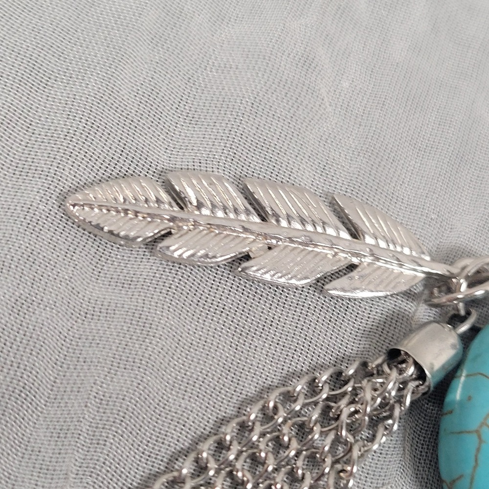 Feather Tassel Pendant Silver Tone Blue Stone Southwestern Style Bohemian - Picture 3 of 4